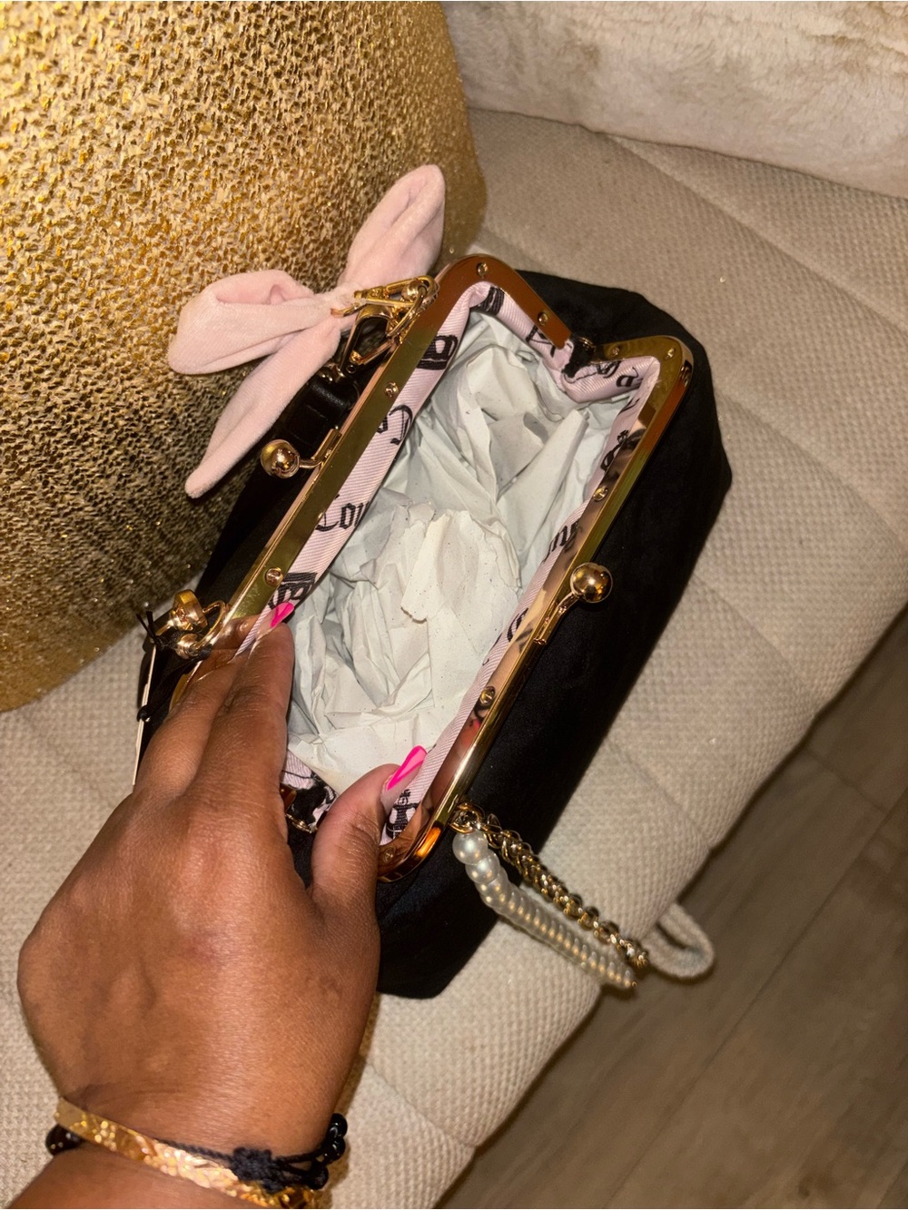 Juicy Couture Black Velvet Shoulder Bag with Pink Charm - Picture 2 of 7